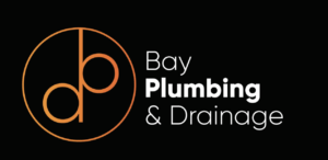 Logo of Bay Plumbing and Drainage featuring stylish orange and white text on a black background, representing their branding.