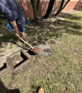 One of Bay Plumbing and Drainage's plumber in action clearing a sewer grate of debris to prevent blockages in Geelong.