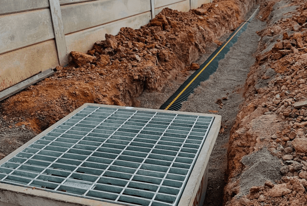 New stormwater drainage system installed in a trench, showing proper site preparation and water management.